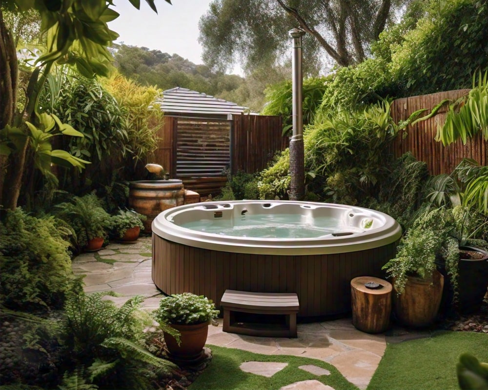 Luxurious outdoor hot tub surrounded by lush greenery and wooden privacy fence