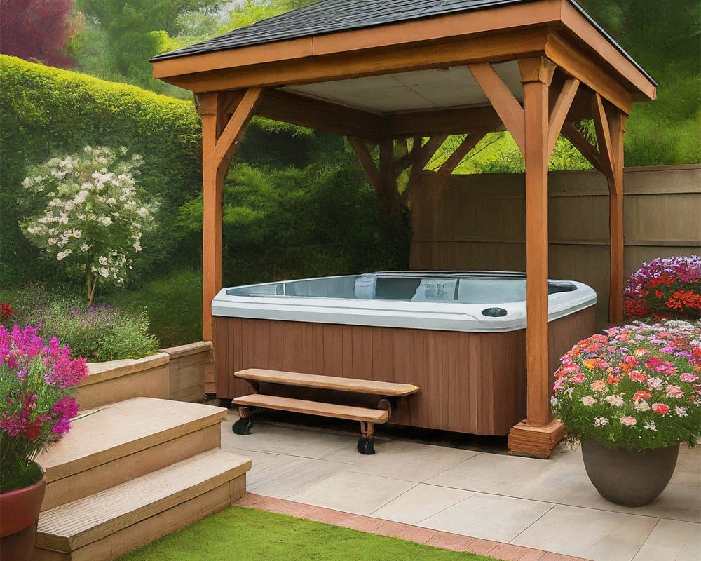 Outdoor hot tub under a wooden gazebo surrounded by colorful flowers